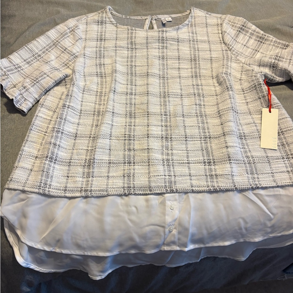 Elle White and Gray Plaid Layered Blouse